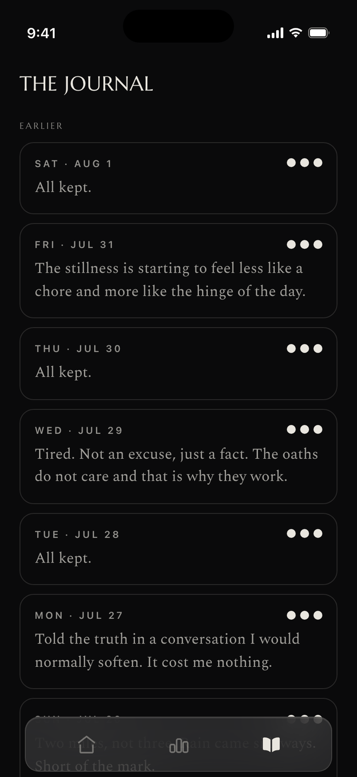 The Journal screen: a record of past days, each with its kept oaths and the nightly reflection.