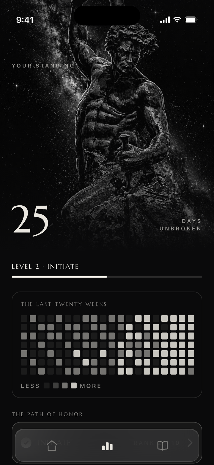 The Standing screen: a 25-day streak at Level 2, Initiate, with rank progress and a twenty-week consistency heatmap.