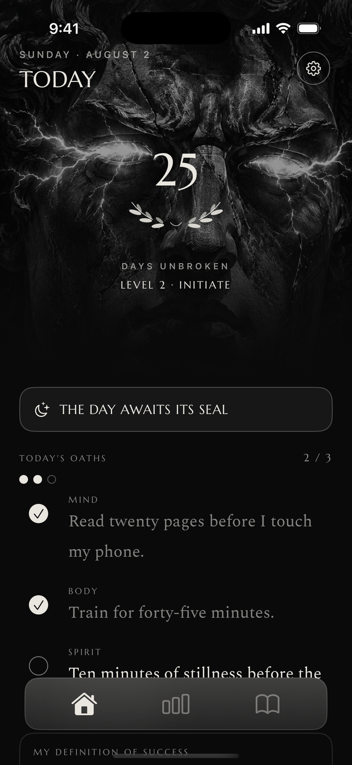 The Today screen: three oaths for mind, body and spirit, two of them kept, with a laurel crowning a 25-day streak.